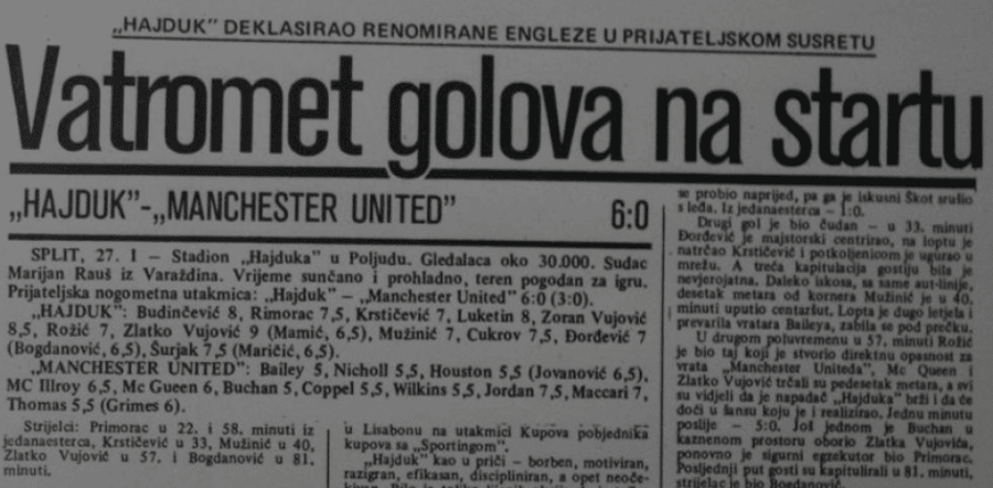 Novine o utakmici Hajduk - Mančester junajted