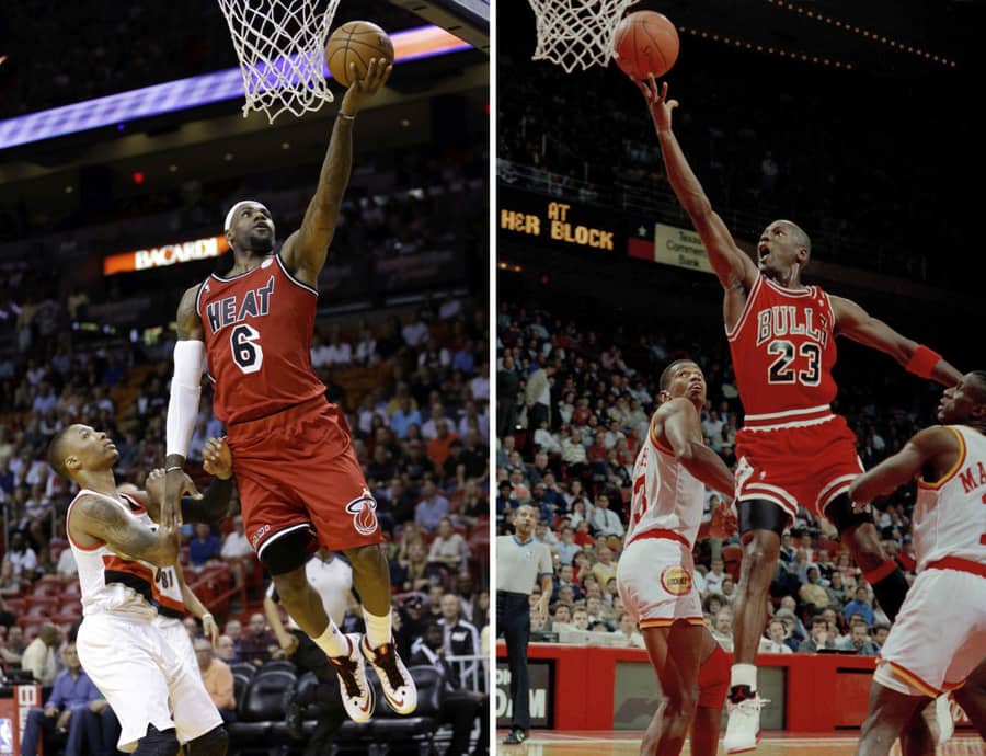 Lebron Džejms 2013. i Majkl Džordan 1991. (Guliver/AP Photo/File) lebron james; michael jordan