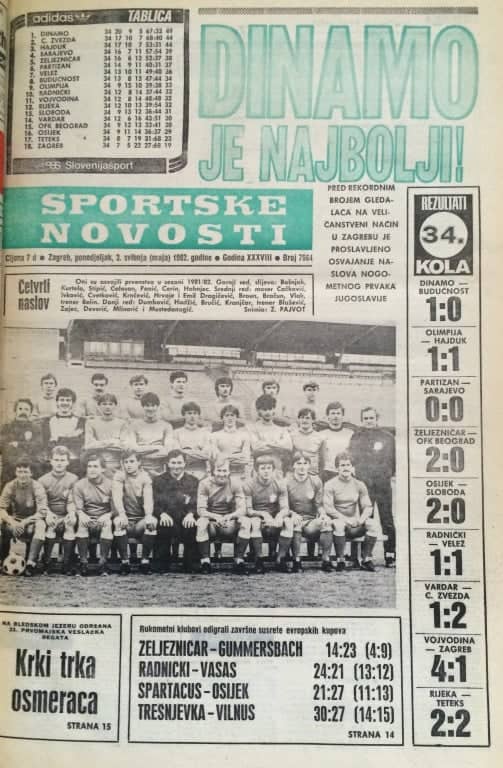 Sportske novosti o tituli Dinama 1982. godine