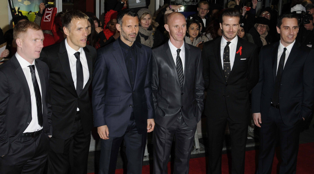 Slijeva: Pol Skols, Fil Nevil, Rajan Gigs, Niki Bat, Dejvid Bekam i Geri Nevil na promociji filma