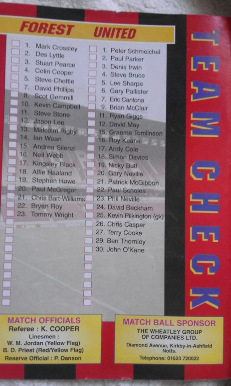 Sastavi za utakmicu Notingem Foresta i Mančester Junajteda 1995, Rigbi broj 13 (Facebook / Malcolm Rigby keeperschool)